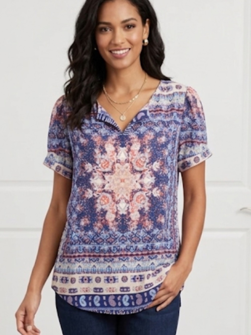 DR2 Blue and Pink Graphic Cuffed Sleeve Blouse